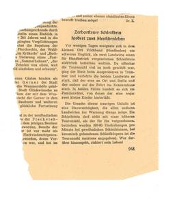 Zeitungsausschnitt über einen Unglücksfall in Vilchband in den 1950er Jahren